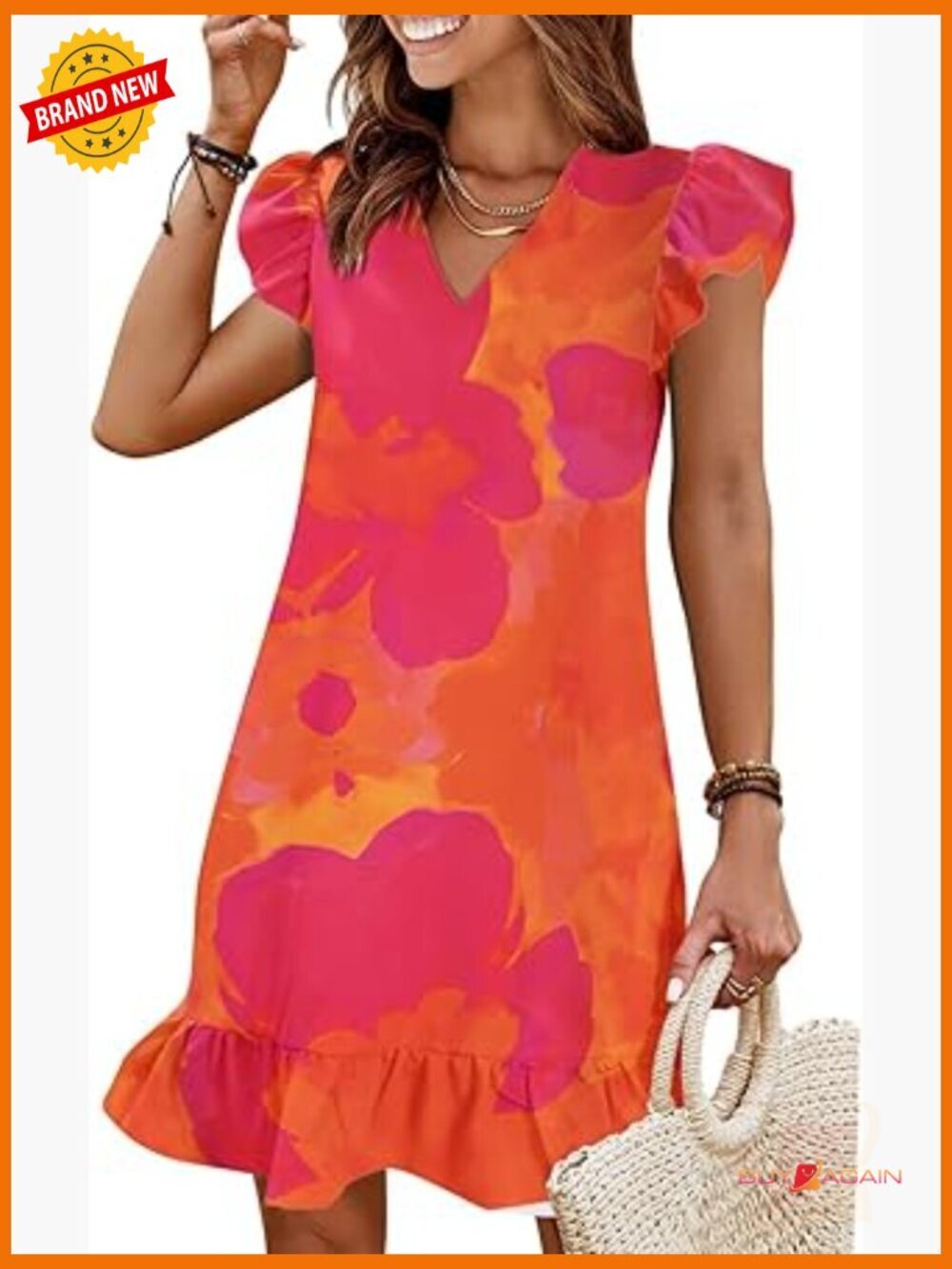 V Neck Cap Sleeve Ruffle Hem Smock Short Casual Beach Dress